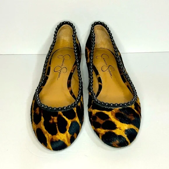 NEW Jessica Simpson Gillian Leopard Cow Calf Hair Fur Beaded Flats Shoes Size 9 - Picture 3 of 6